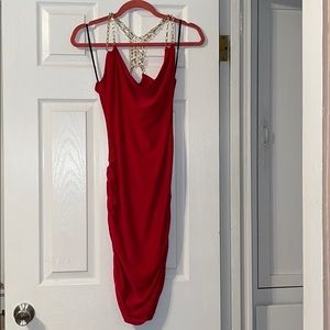 Red dress w chain straps Cowl neck, side ruched